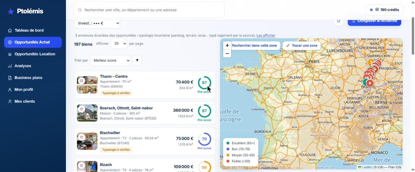 Liste des opportunités Ptolémis avec carte, pré-scores et avertissements